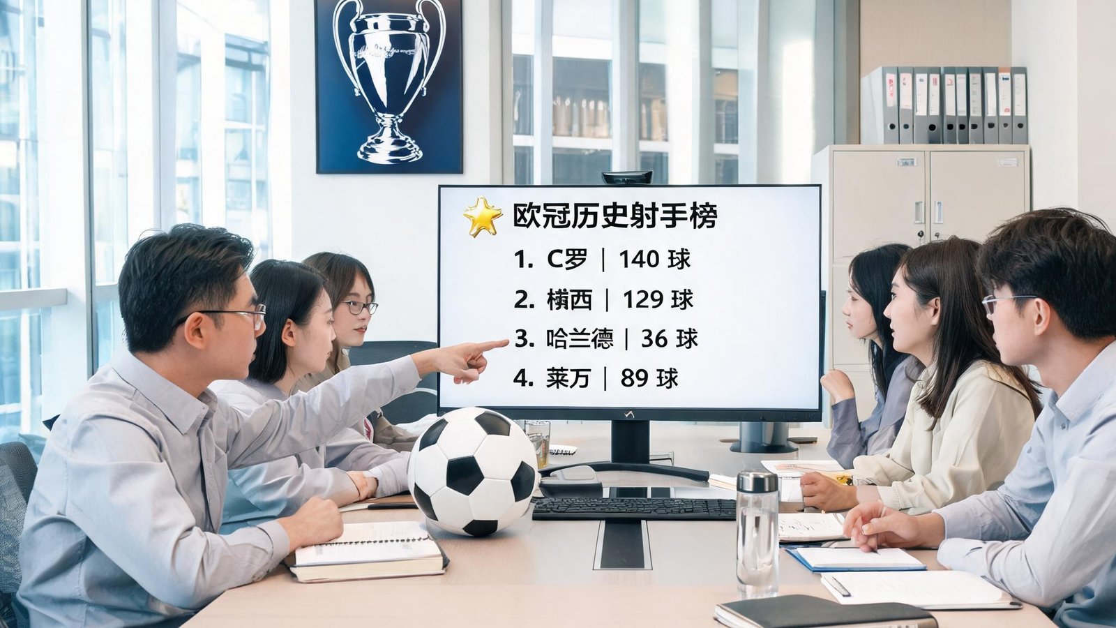 欧冠进球榜团队成员在办公室开会讨论数据更新，桌上摆放着足球和电脑屏幕显示射手榜