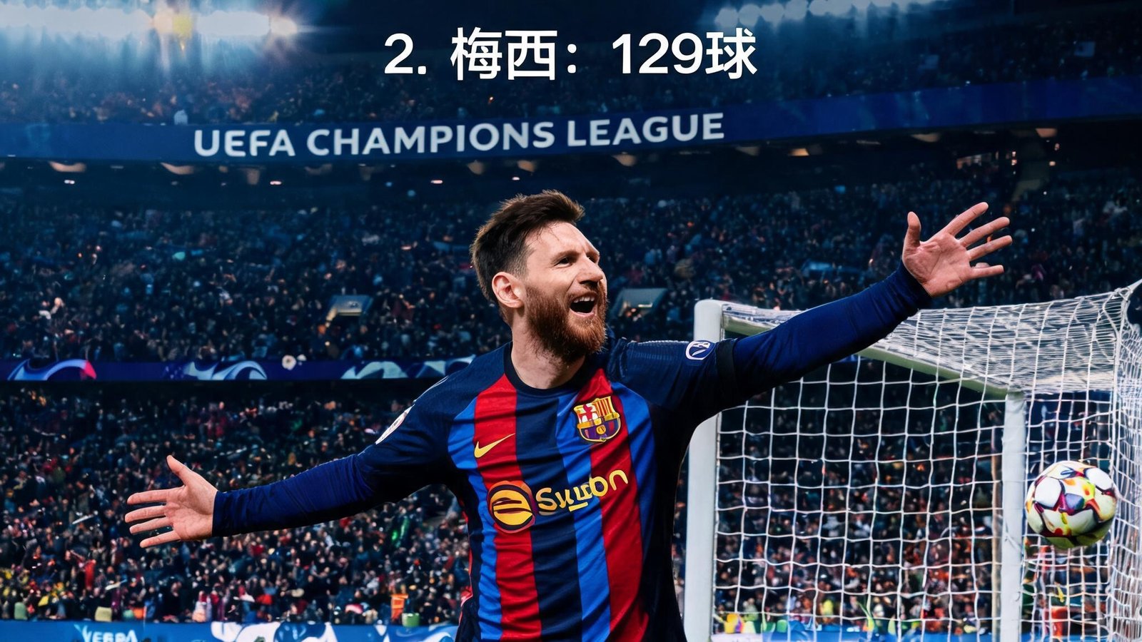 梅西身穿巴萨球衣在欧冠比赛中破门瞬间，他累计攻入129球排名历史第二
